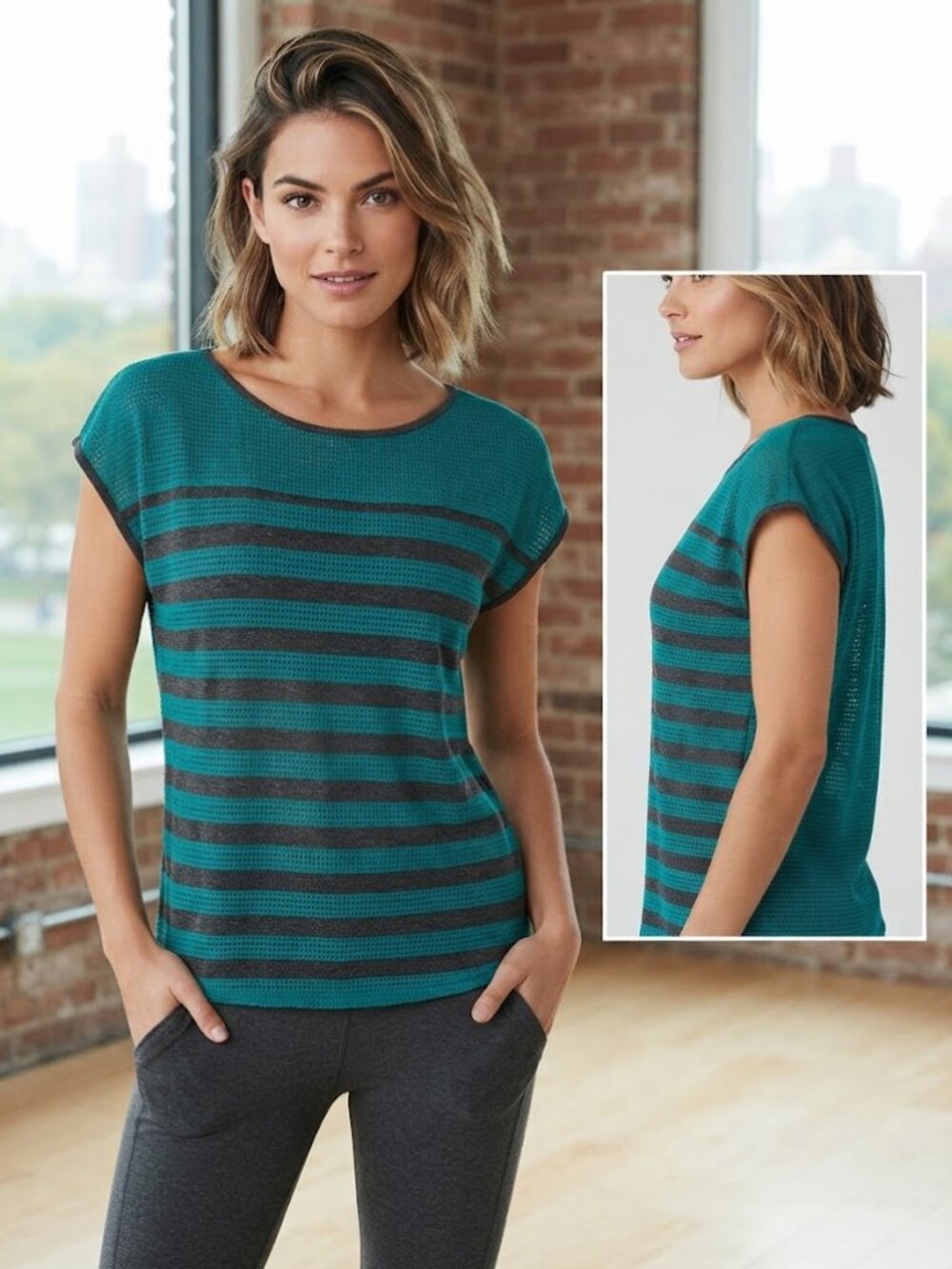 Alo Yoga Green with Black Stripes Short Sleeves Open Knitted Blouse - Size XS/S